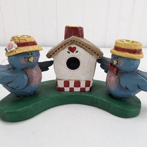 Vintage Eddie Walker Candle Holder Blue Bird Couple Birdhouse Holds 3 Candles